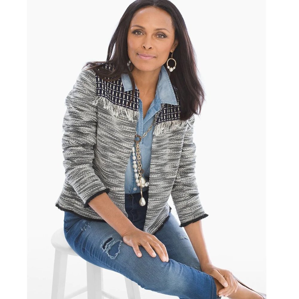 Chico’s Long Sleeve Pieced Detail Jacket Black/White/Blue Casual Blazer P3378